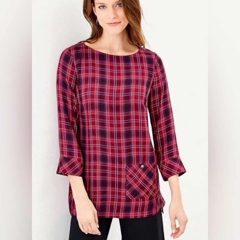 J. Jill | Women’s Burgandy/Navy/White Plaid 3/4 Sleeve Crewneck Pullover Top MP